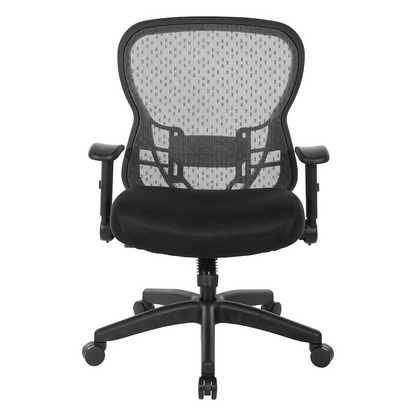 Start2Finish Deluxe R2 SpaceGrid Back chair showing ergonomic design, gray fabric upholstery, and sturdy metal frame.