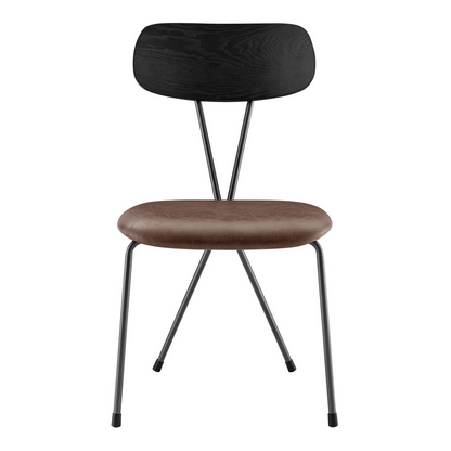 Set of four Elise PU dining side chairs by Start2Finish, modern beige upholstered furniture with wooden legs for dining room.