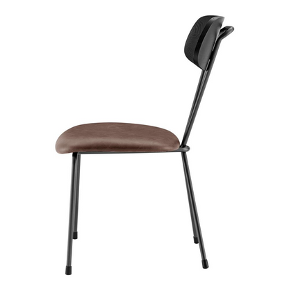 Set of four Elise PU dining side chairs by Start2Finish, modern beige upholstered furniture with wooden legs.
