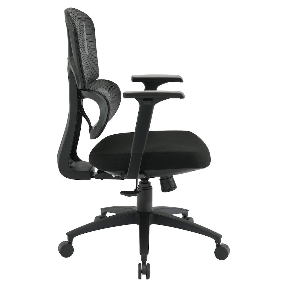 Start2Finish mesh back manager’s chair with adjustable armrests and ergonomic design, featuring breathable mesh upholstery.