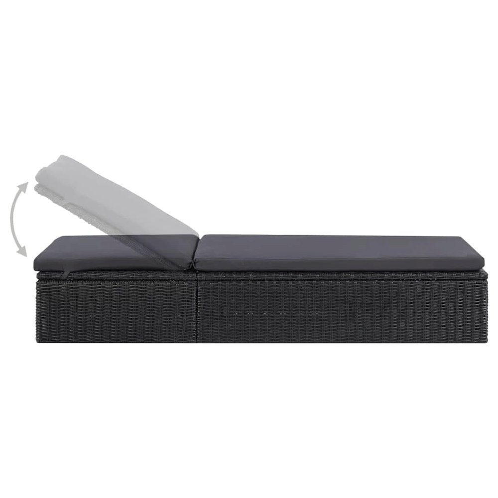 Black and dark gray PE rattan sunlounger with adjustable backrest and sturdy frame, measuring 77.9 x 23.6 x 32.9 inches.