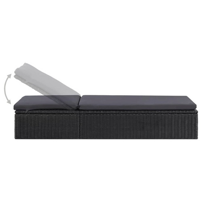 Black and dark gray PE rattan sunlounger with adjustable backrest and sturdy frame, measuring 77.9 x 23.6 x 32.9 inches.