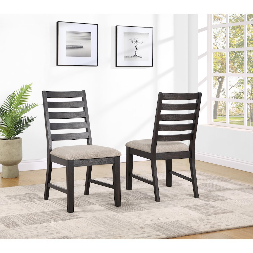 Pair of Start2Finish Harington side chairs with wooden legs and cushioned seats, shown in a modern furniture setting