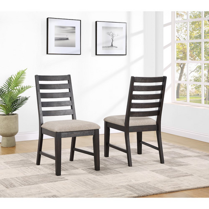 Pair of Start2Finish Harington side chairs with wooden legs and cushioned seats, shown in a modern furniture setting