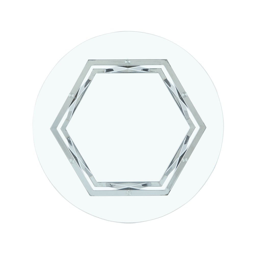 Start2Finish Escondido glass cocktail table with clear rectangular tabletop and sleek metal legs in a modern living room setting.
