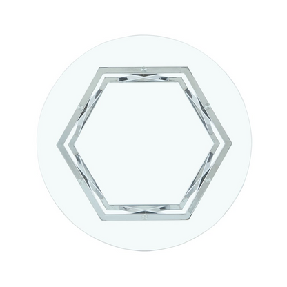 Start2Finish Escondido glass cocktail table with clear rectangular tabletop and sleek metal legs in a modern living room setting.