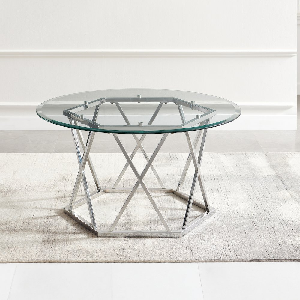 Escondido glass cocktail table by Start2Finish featuring a sleek rectangular glass top and modern metal frame.