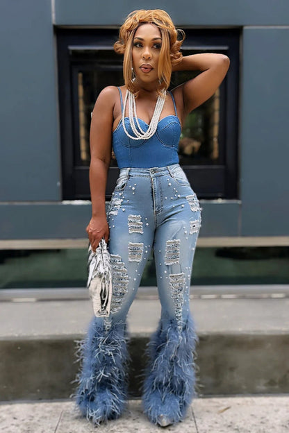 Carmine Juneberry Glam Wool Beaded Jeans – Runway Edition featuring detailed beading and stylish denim design.