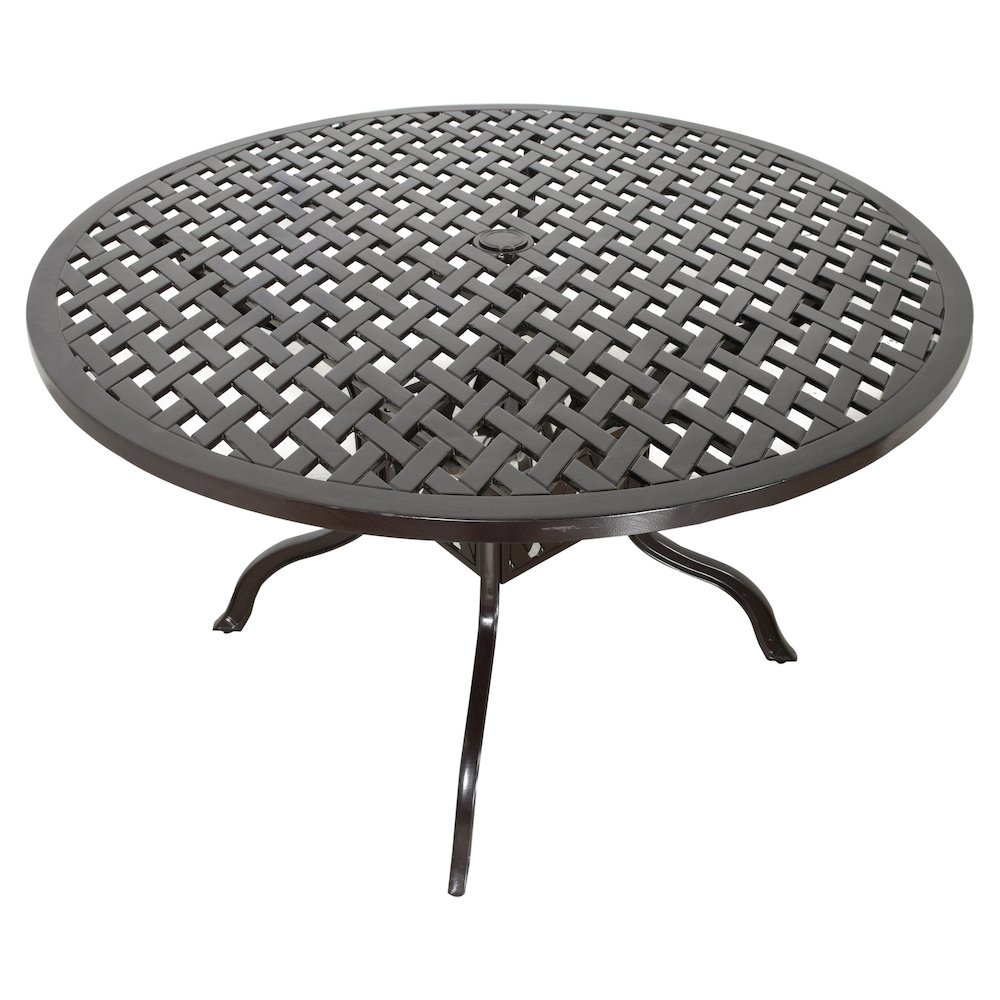Start2Finish Savannah outdoor aluminum round dining table with sleek metal surface and sturdy legs for patio or garden use.