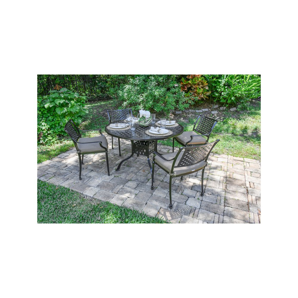 Start2Finish Savannah outdoor aluminum round dining table with sleek surface and sturdy legs suitable for patio or garden.
