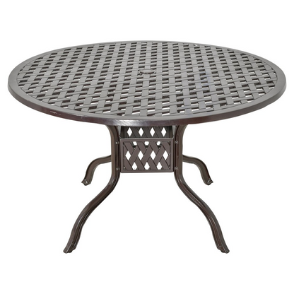 Start2Finish Savannah outdoor aluminum round dining table with sleek metal surface and sturdy legs, ideal for outdoor patio dining.