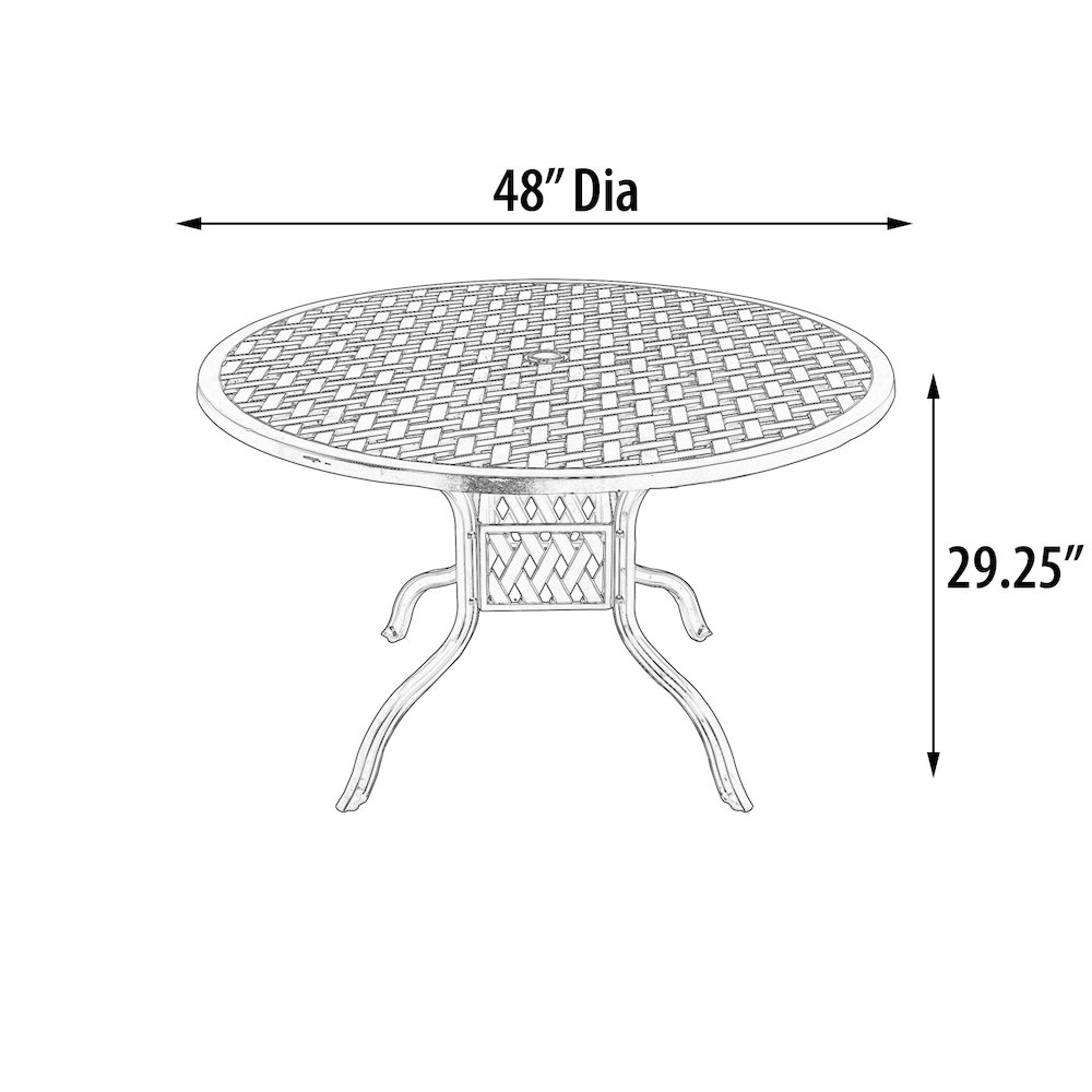 Start2Finish Savannah outdoor aluminum round dining table with a smooth surface and sturdy metal frame.