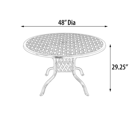 Start2Finish Savannah outdoor aluminum round dining table with a smooth surface and sturdy metal frame.