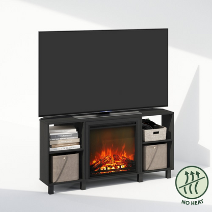 Start2Finish electric fireplace corner TV stand with room for a 55-inch TV, featuring a built-in electric heater and storage compartments.