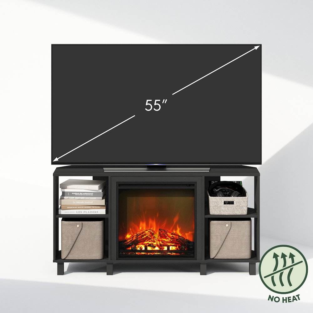 Start2Finish electric corner TV stand with built-in fireplace and space for a 55-inch TV, featuring storage shelves and modern design.