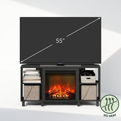 Start2Finish electric corner TV stand with built-in fireplace and space for a 55-inch TV, featuring storage shelves and modern design.