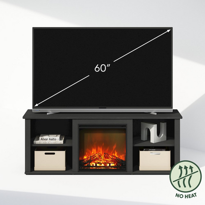 Start2Finish electric fireplace TV stand with space for a 60-inch television, featuring storage shelves and a sleek modern design.