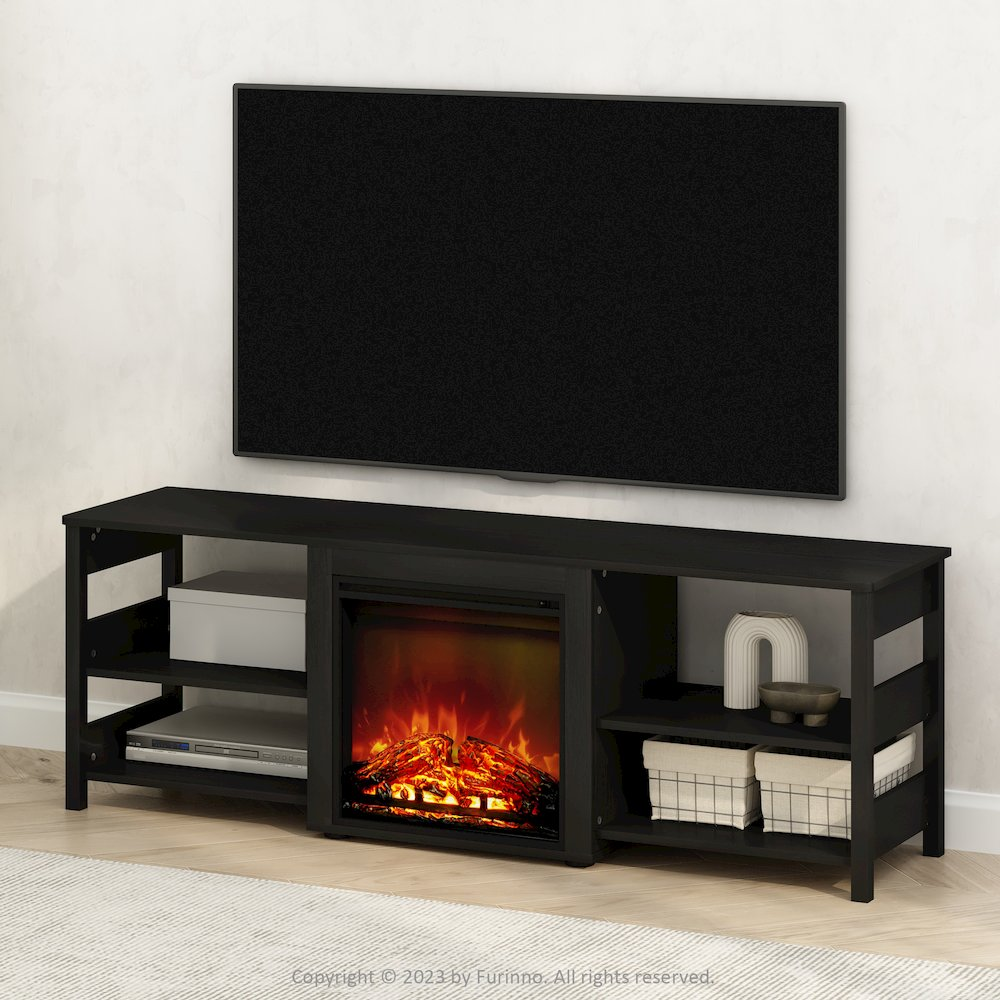 Start2Finish electric fireplace TV stand with storage shelves, designed for 70-inch flat-screen TVs and modern entertainment setups.