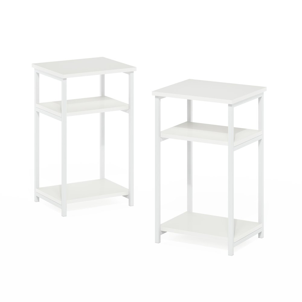 Set of two industrial metal frame end tables with three-tier storage shelves, featuring a sturdy design and modern style.