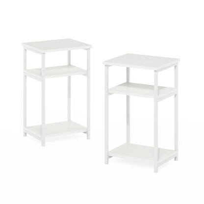 Set of two industrial metal frame end tables with three-tier storage shelves, featuring a sturdy design and modern style.
