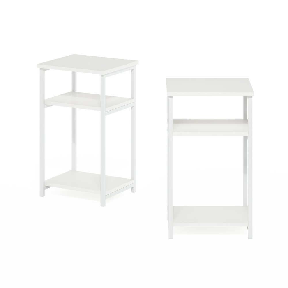 Two 3-tier industrial metal frame end tables with storage shelves, in a 2-pack, featuring black metal frames and wooden surfaces.