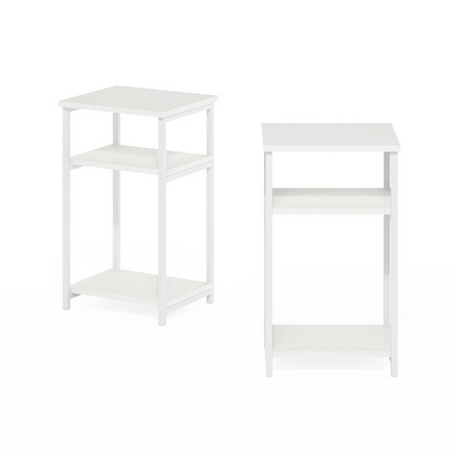 Two 3-tier industrial metal frame end tables with storage shelves, in a 2-pack, featuring black metal frames and wooden surfaces.