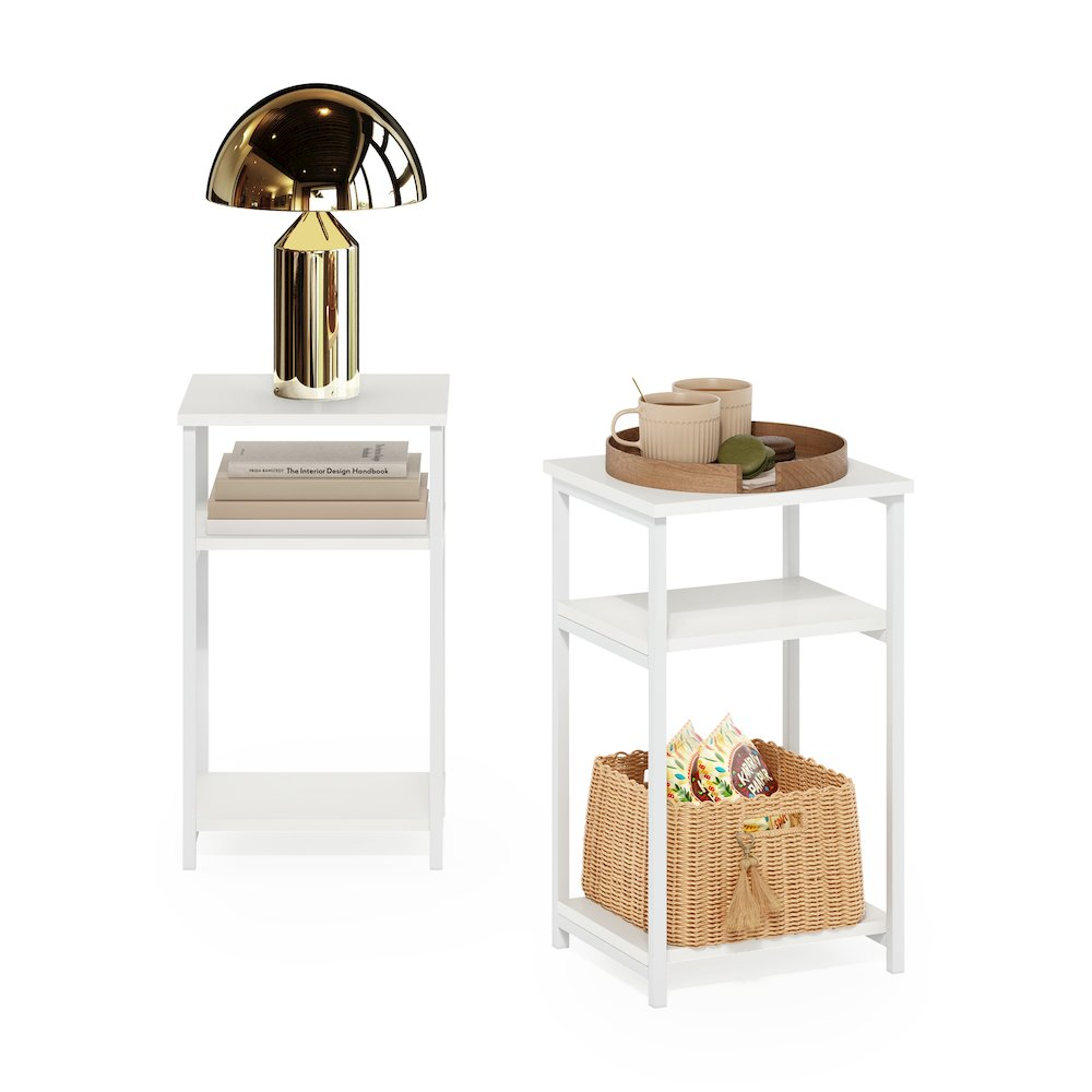 Pair of industrial metal frame end tables with 3 tiers and storage shelves, featuring a sleek black and metal design.