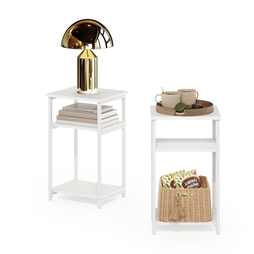 Pair of 3-tier industrial metal frame end tables with storage shelves, featuring a modern, sturdy design for living room use.