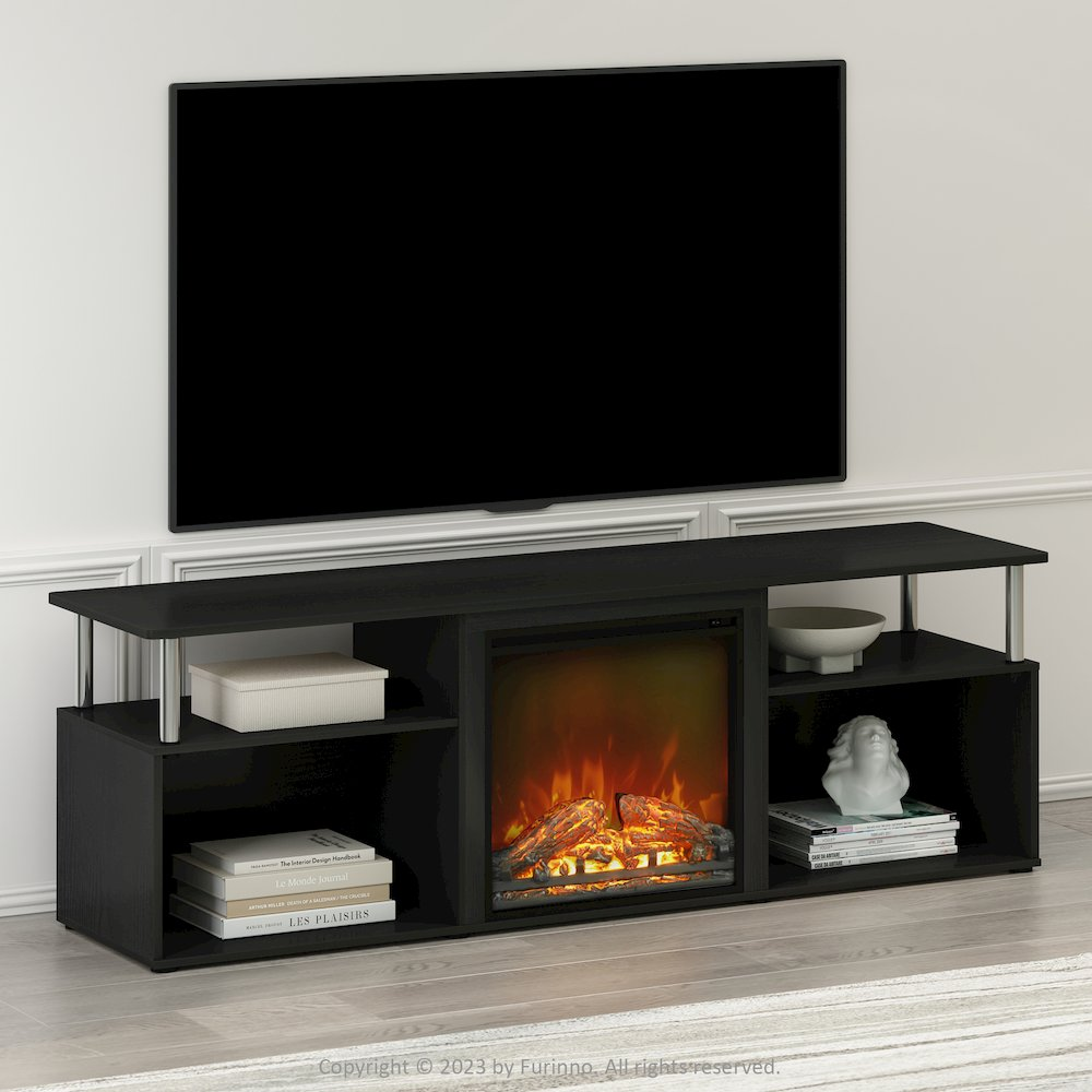 Start2Finish electric corner TV stand with built-in fireplace and space for 70-inch flat-screen TV in a modern entertainment center design.