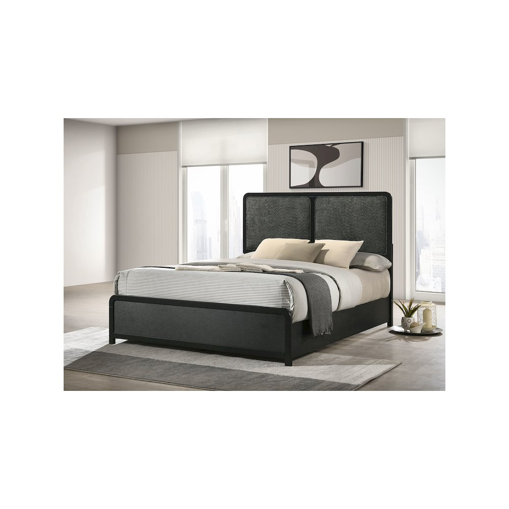 Start2Finish Cavelle 51-inch upholstered queen bed in black with padded headboard and sleek fabric finish.