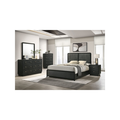 Start2Finish Cavelle 51-inch black upholstered queen bed with padded headboard and sleek fabric finish.