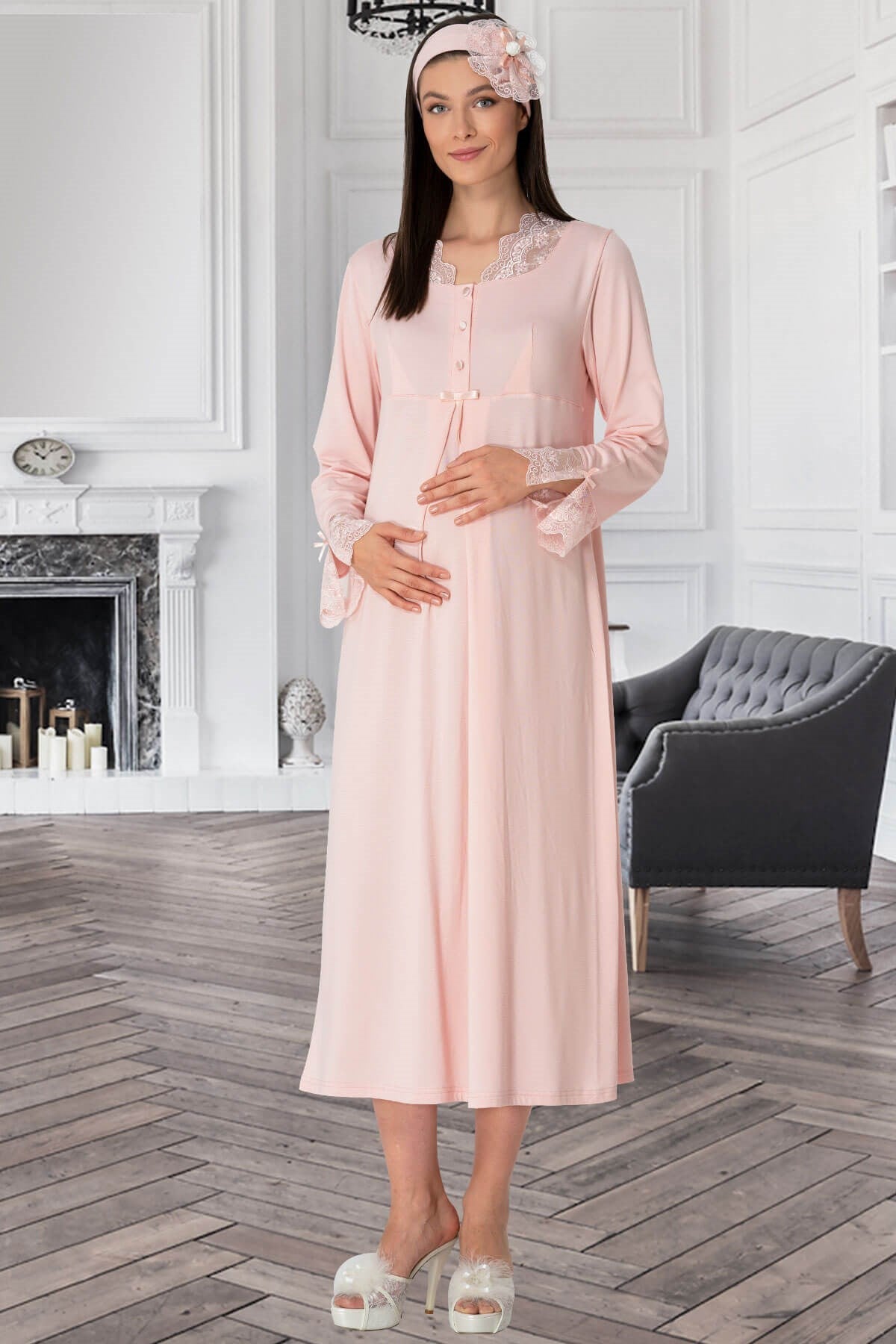 Burgundy Artemis Shopymommy 5312 lace sleeved maternity and nursing nightgown in powder color, soft and comfortable lingerie.
