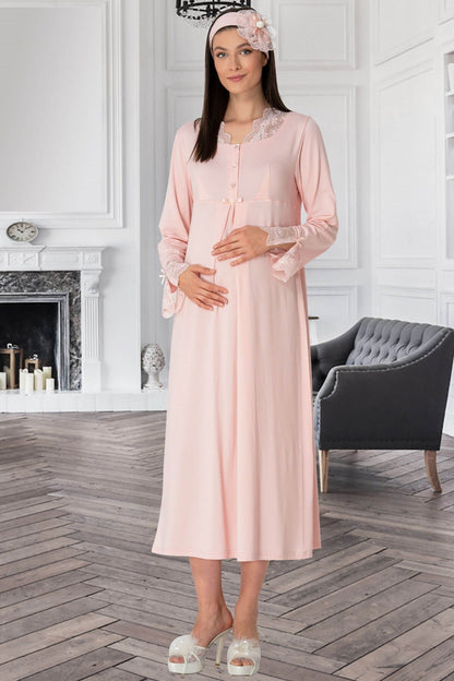 Burgundy Artemis Shopymommy 5312 lace sleeved maternity and nursing nightgown in powder color, soft and comfortable lingerie.