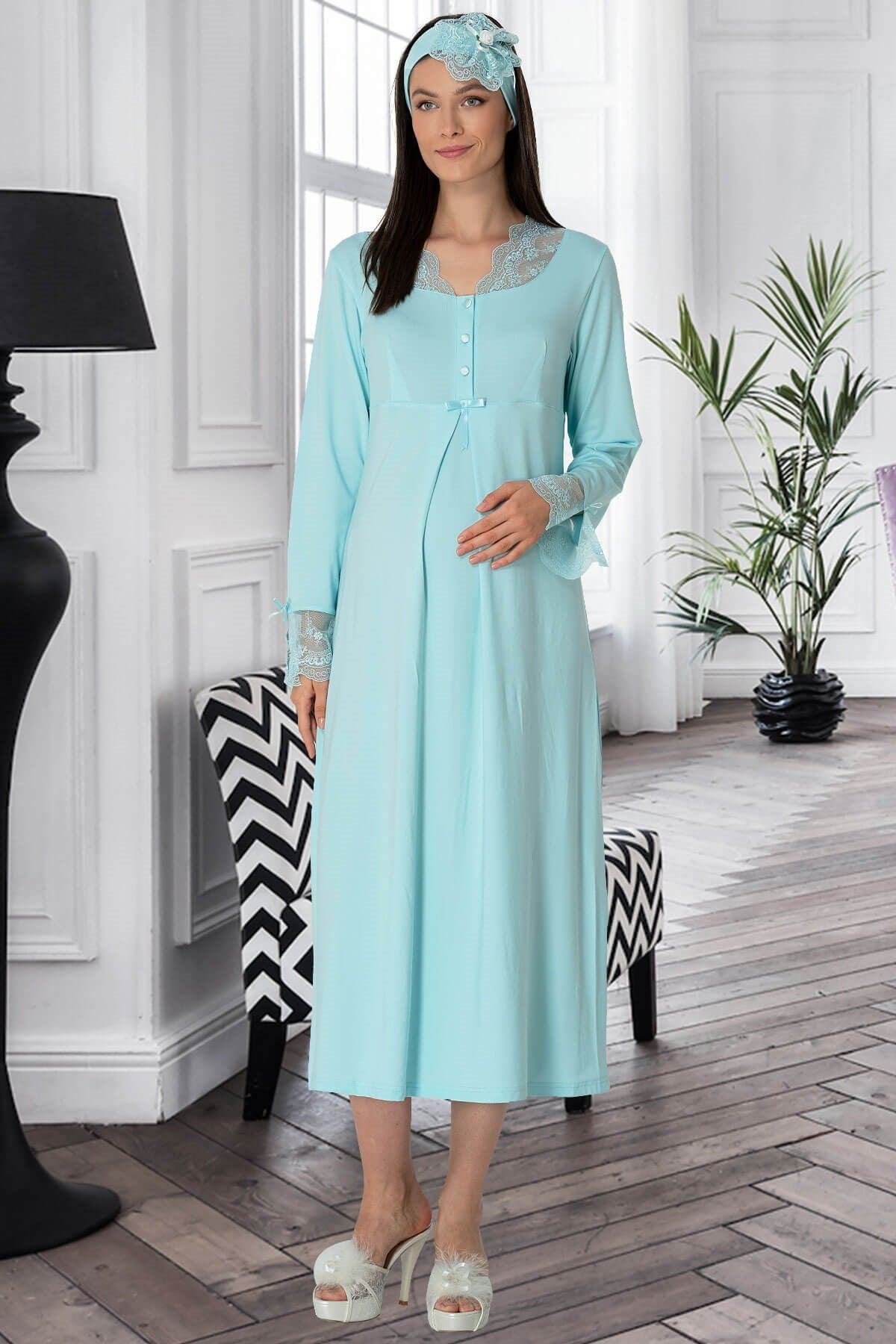 Turquoise lace-sleeve maternity and nursing nightgown by Burgundy Artemis, comfortable lingerie and sleepwear for new moms.