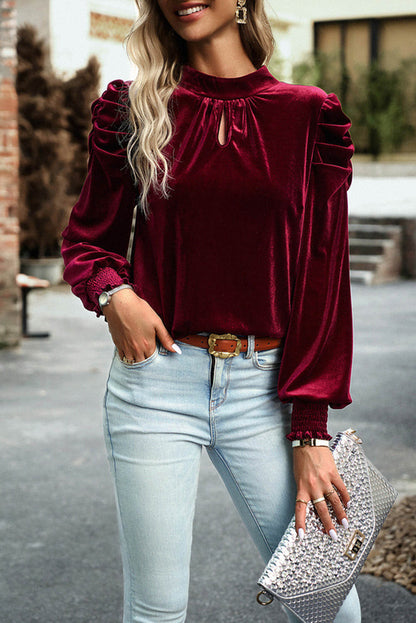 Fiery red velvet mock neck blouse with puff sleeves from Carmine Juneberry, stylish top for elegant and trendy looks.