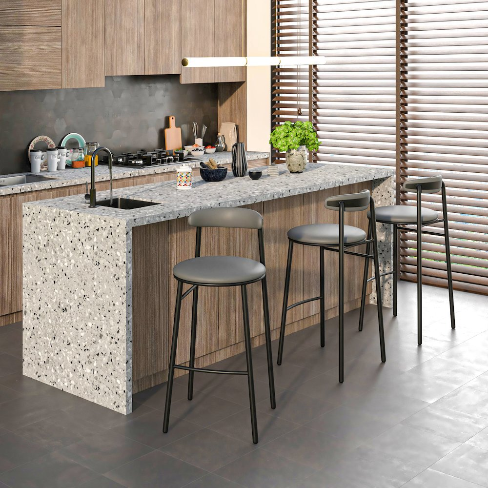 Pair of Start2Finish Lume Collection modern bar stools in charcoal with sleek design and metal legs, set of 2.