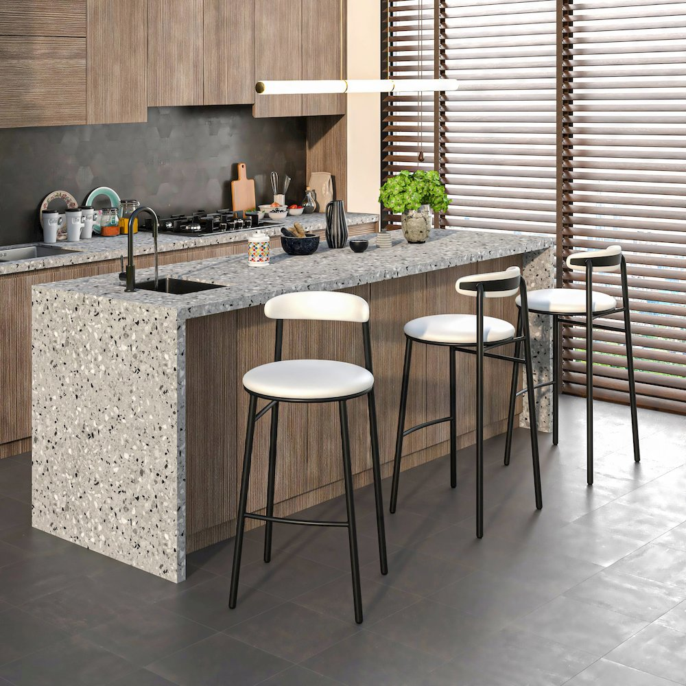 Set of two white modern bar stools from Start2Finish Lume Collection, featuring sleek design and sturdy legs.