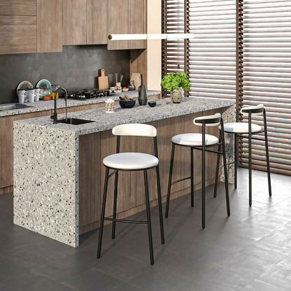 Set of two white modern bar stools from Start2Finish Lume Collection, featuring sleek design and sturdy legs.