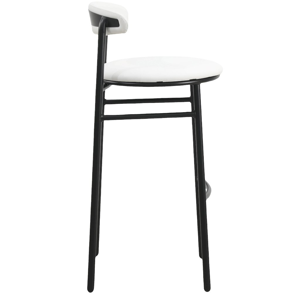 Pair of modern white Lume Collection bar stools by Start2Finish, featuring sleek design and sturdy metal legs.