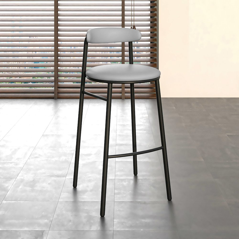 Set of two grey Lume Collection modern bar stools with sleek design and metal legs, by Start2Finish.