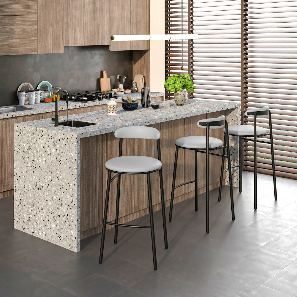 Set of two grey modern bar stools from the Lume Collection by Start2Finish, featuring sleek contemporary design and comfortable seating.
