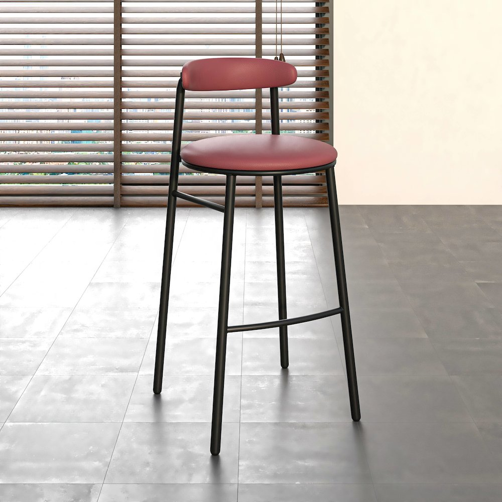 Pair of Start2Finish Lume Collection modern burgundy bar stools with sleek design and metal legs, set of two.