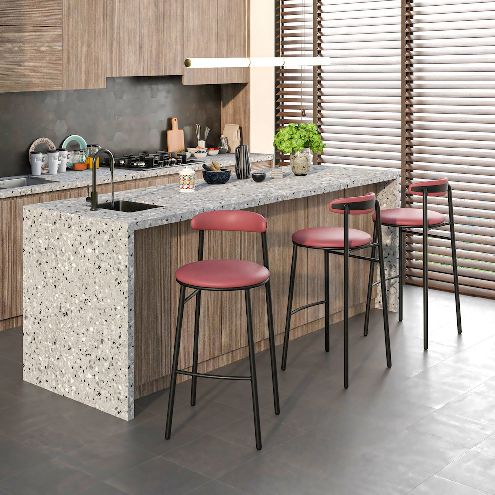 Set of two modern burgundy bar stools from the Start2Finish Lume Collection, featuring sleek design and comfortable seating.