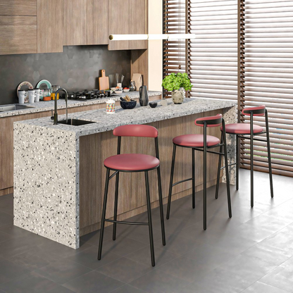 Set of two modern burgundy bar stools from the Start2Finish Lume Collection, featuring sleek design and comfortable seating.