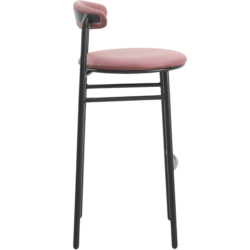 Set of two Lume Collection modern bar stools in burgundy with sleek metal legs by Start2Finish, shown from a side angle.