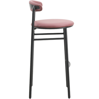 Set of two Lume Collection modern bar stools in burgundy with sleek metal legs by Start2Finish, shown from a side angle.