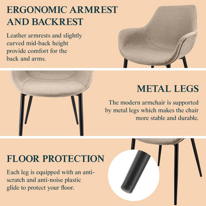Modern leather dining arm chair in taupe with sleek design and armrests, from the Markley collection by Start2Finish.