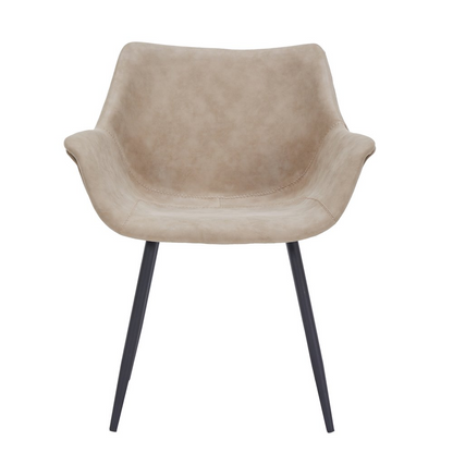 Modern leather dining arm chair in taupe with sleek design, featuring sturdy wooden legs and comfortable armrests, by Start2Finish.