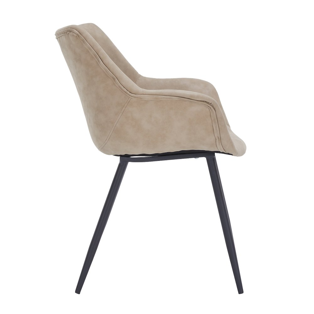 Set of two Markley Modern Leather Dining Arm Chairs in taupe with sleek design and metal legs, perfect for contemporary dining rooms.