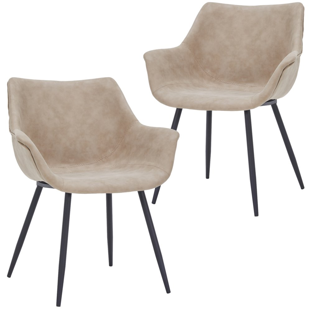 Pair of modern leather dining arm chairs in taupe with sleek design and wooden legs, by Start2Finish.